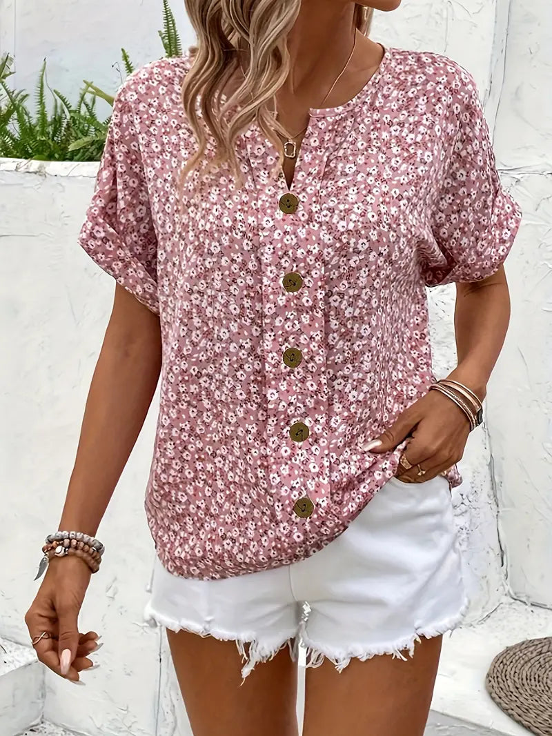 Blusa Floral de Manga Curta com Botões à Frente