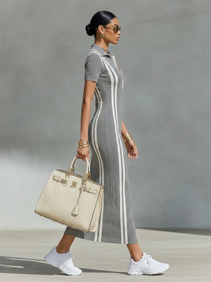 Vestido Maxi Canelado | Gola Polo Zip