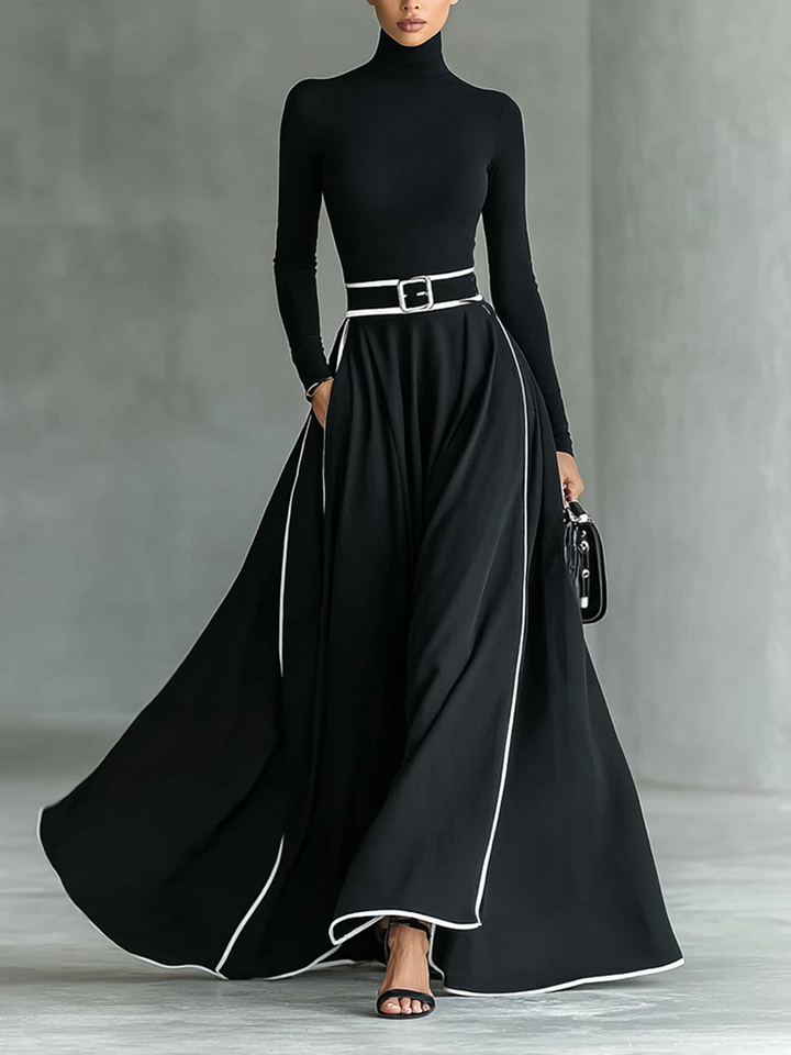 Vestido Maxi Preto com Detalhes Brancos, Gola Alta e Cinto