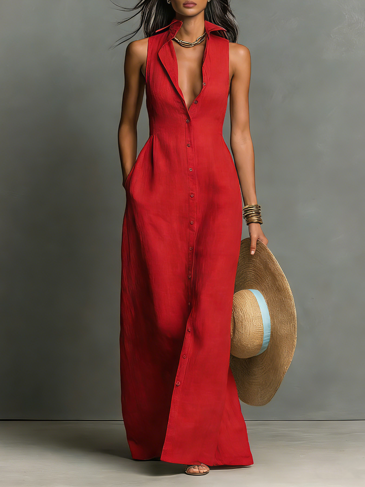 Vestido Maxi Estilo Camisa em Linho – Sem Mangas e Abotoado
