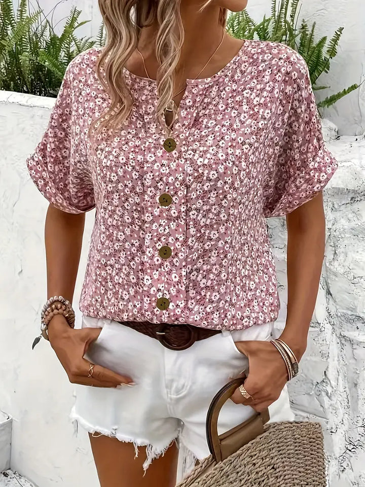 Blusa Floral de Manga Curta com Botões à Frente