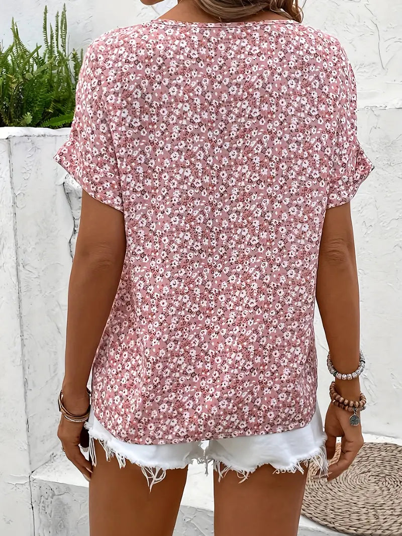 Blusa Floral de Manga Curta com Botões à Frente