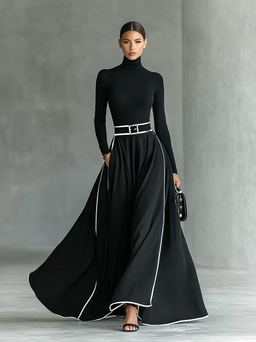 Vestido Maxi Preto com Detalhes Brancos, Gola Alta e Cinto