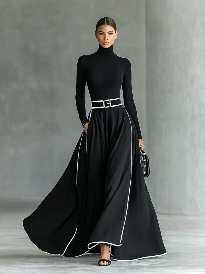 Vestido Maxi Preto com Detalhes Brancos, Gola Alta e Cinto