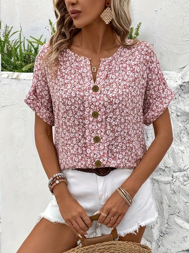 Blusa Floral de Manga Curta com Botões à Frente