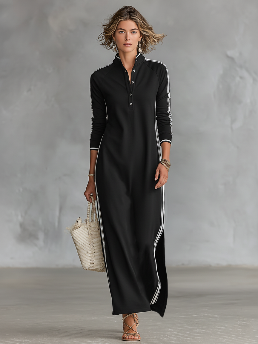 Vestido Maxi Estilo Sweatshirt com Gola Abotoada e Detalhes Brancos
