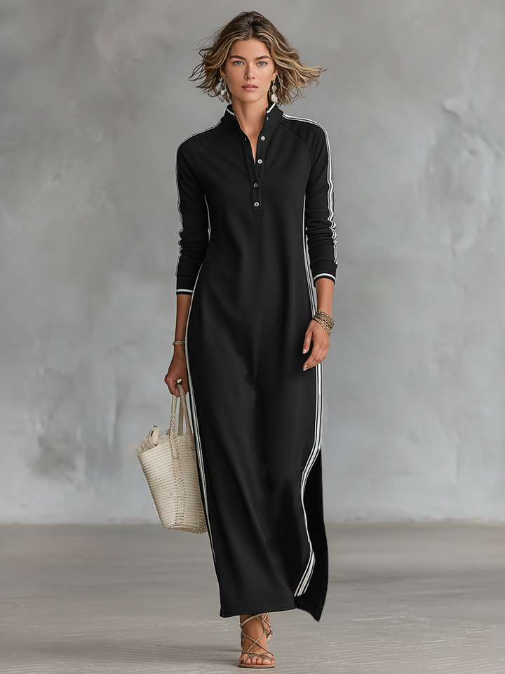 Vestido Maxi Estilo Sweatshirt com Gola Abotoada e Detalhes Brancos