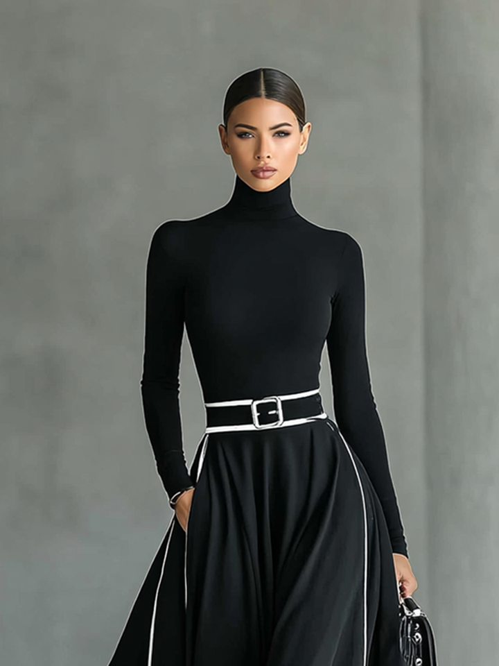 Vestido Maxi Preto com Detalhes Brancos, Gola Alta e Cinto