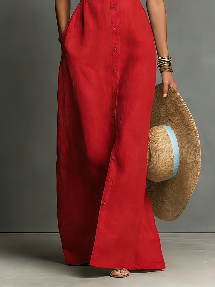 Vestido Maxi Estilo Camisa em Linho – Sem Mangas e Abotoado