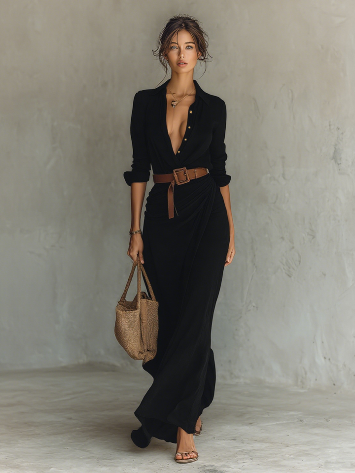 Vestido Maxi com Gola Lapela e Cinto – Mangas Compridas
