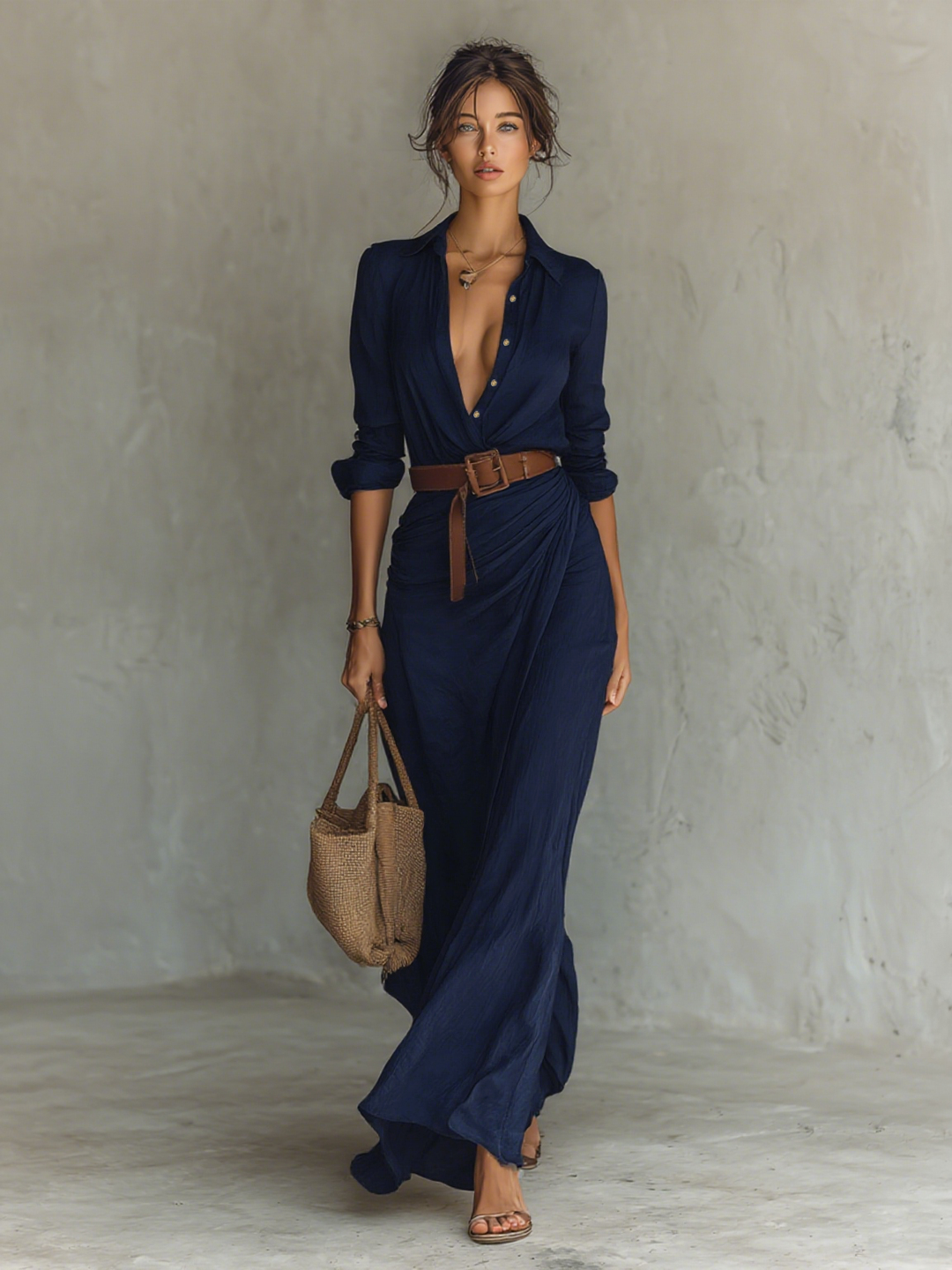 Vestido Maxi com Gola Lapela e Cinto – Mangas Compridas