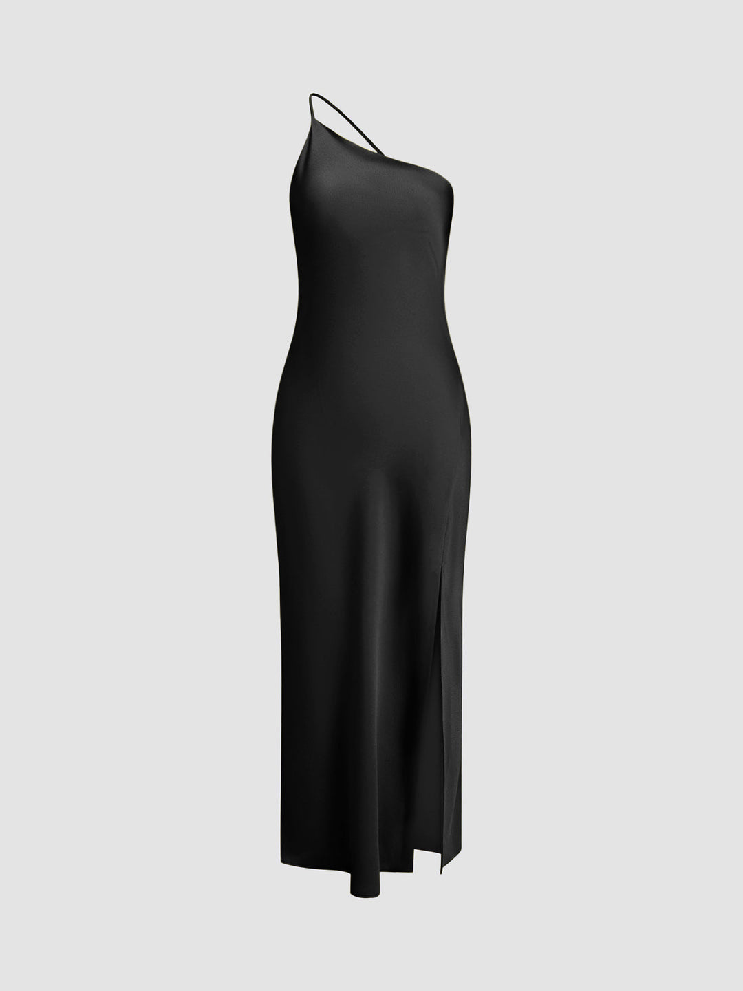 Maxi Vestido de Cetim com Um Ombro e Fenda Lateral