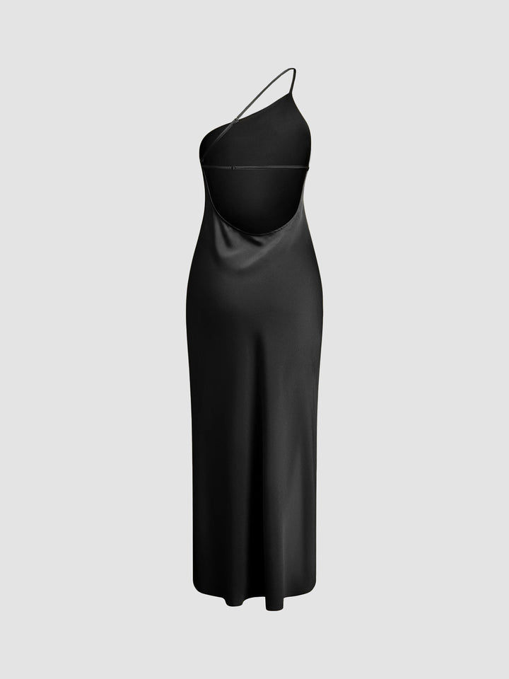 Maxi Vestido de Cetim com Um Ombro e Fenda Lateral