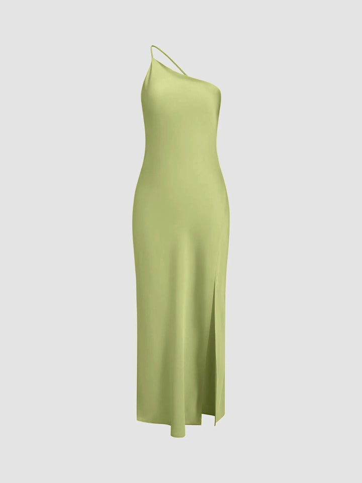 Maxi Vestido de Cetim com Um Ombro e Fenda Lateral