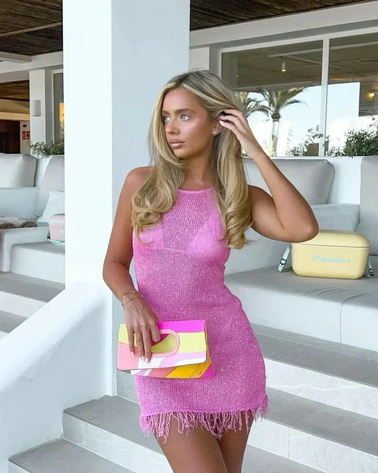 Mini Vestido de Malha com Lantejoulas Transparentes