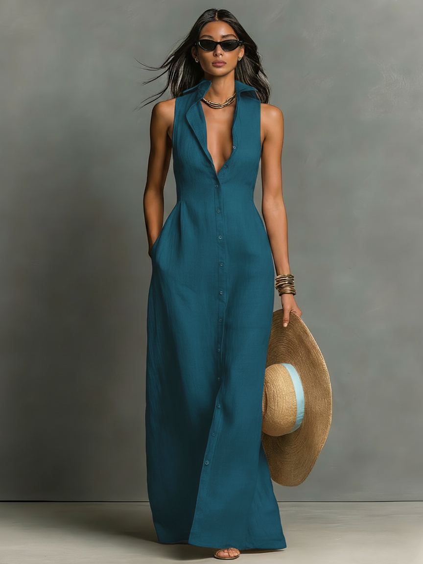 Vestido Maxi Estilo Camisa em Linho – Sem Mangas e Abotoado