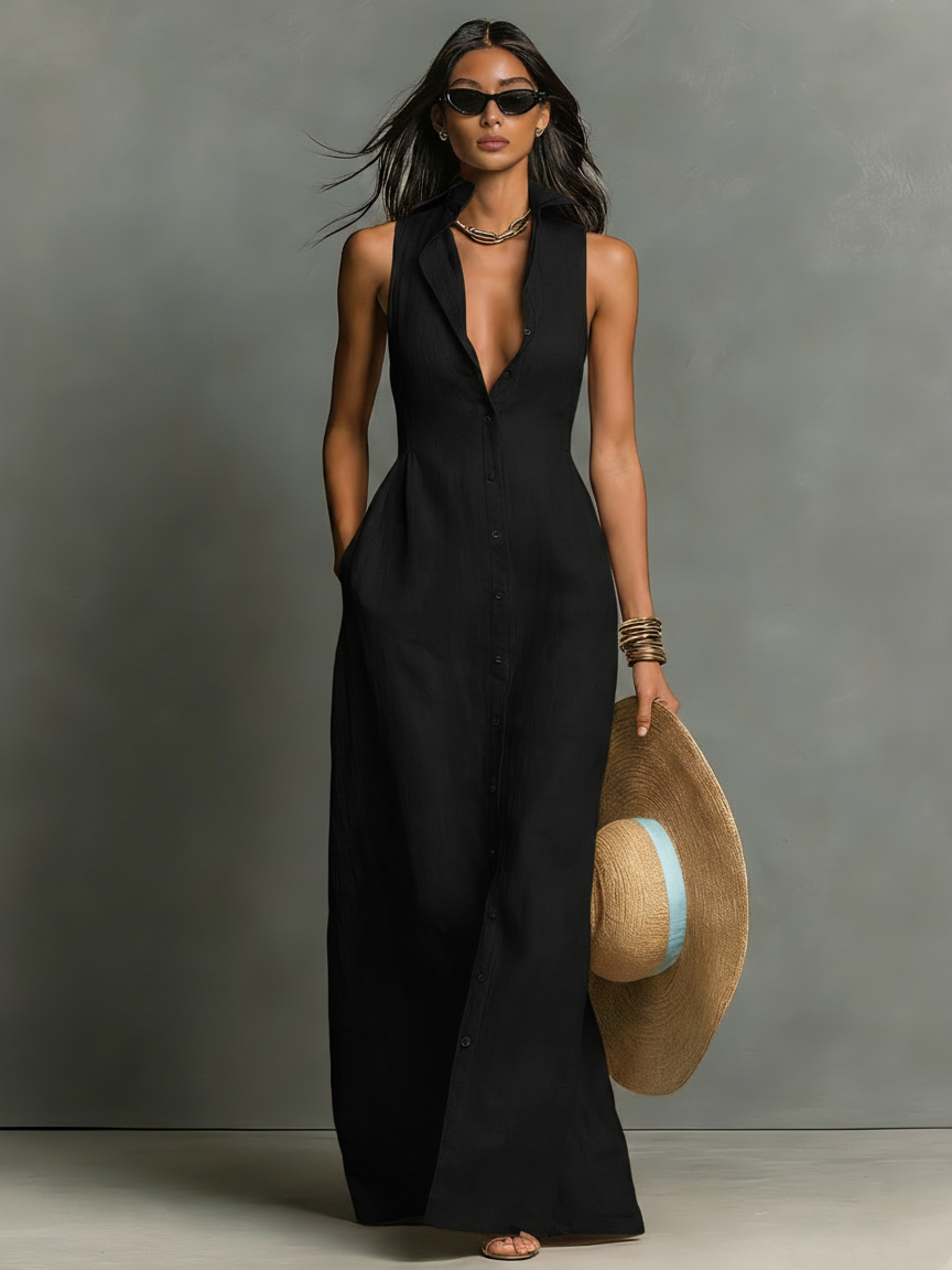 Vestido Maxi Estilo Camisa em Linho – Sem Mangas e Abotoado