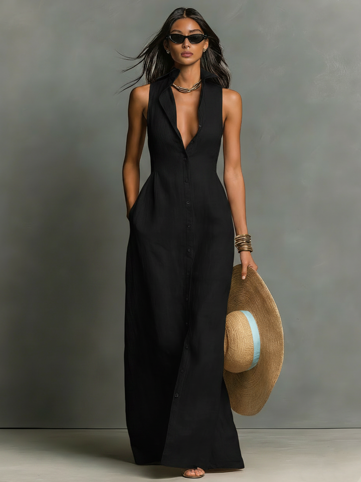 Vestido Maxi Estilo Camisa em Linho – Sem Mangas e Abotoado