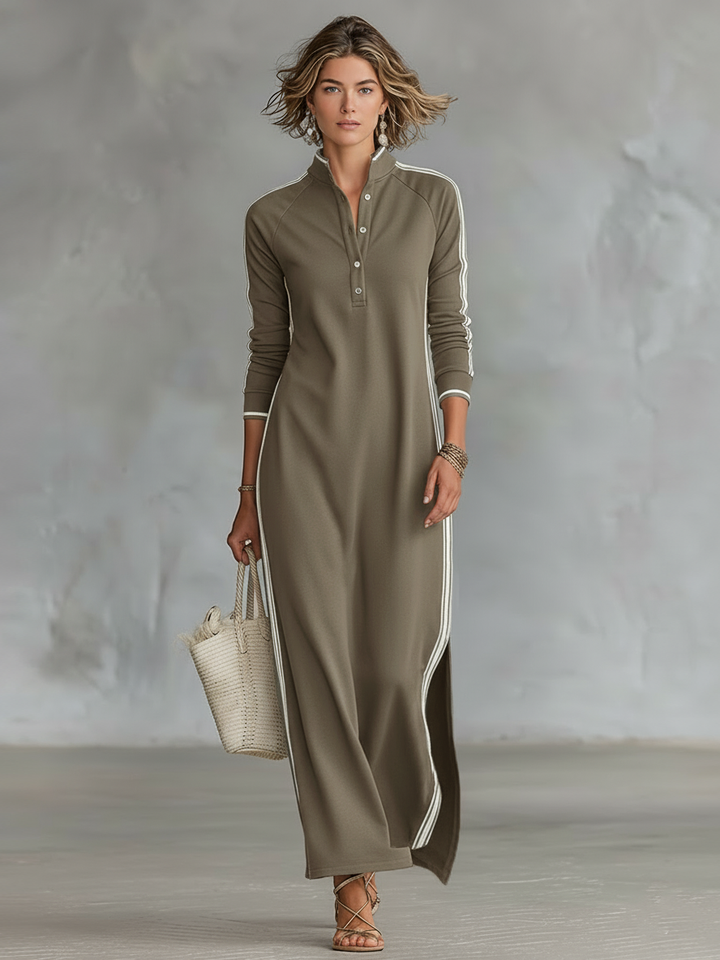 Vestido Maxi Estilo Sweatshirt com Gola Abotoada e Detalhes Brancos