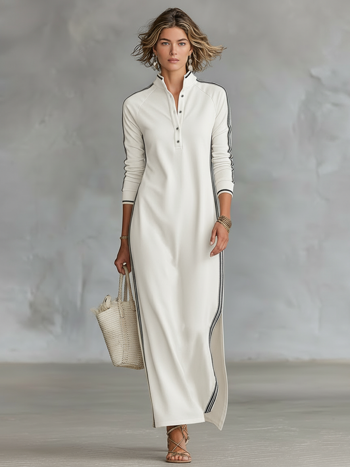 Vestido Maxi Estilo Sweatshirt com Gola Abotoada e Detalhes Brancos