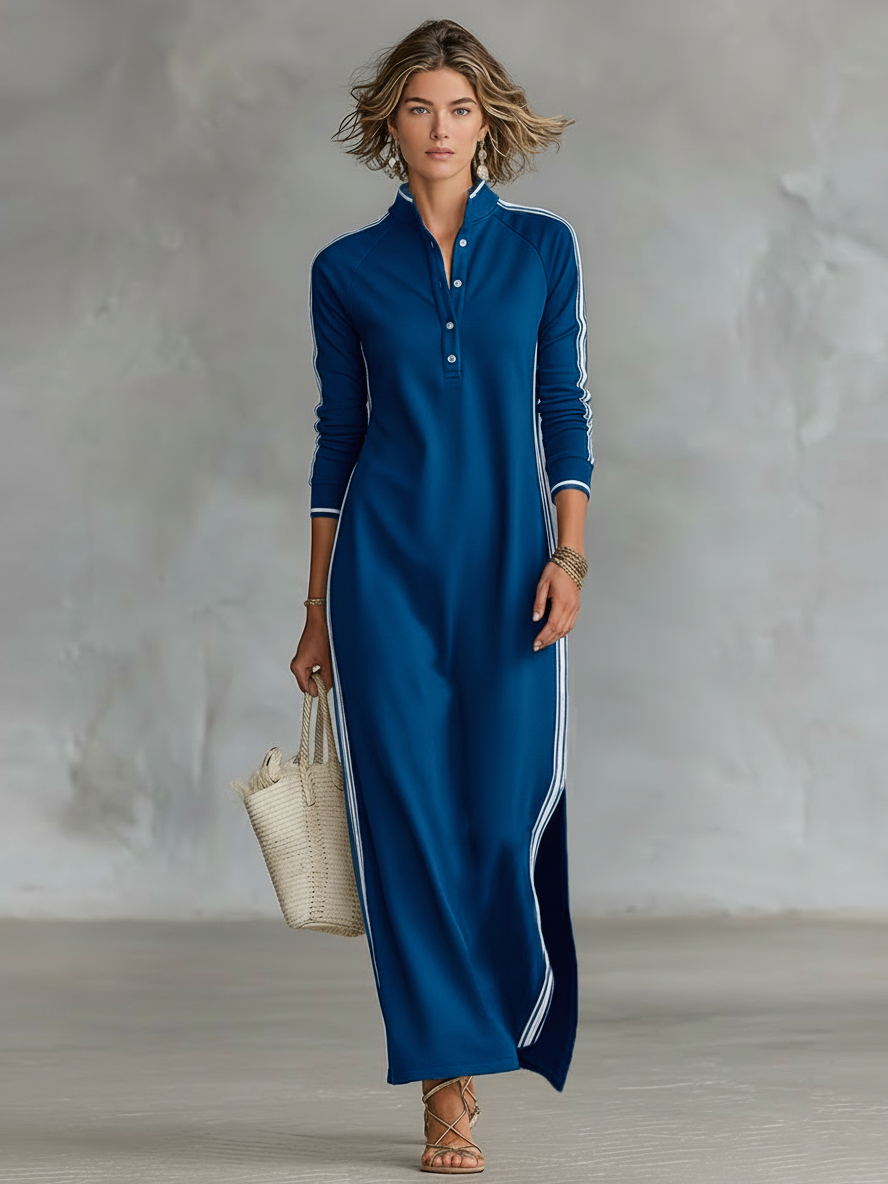 Vestido Maxi Estilo Sweatshirt com Gola Abotoada e Detalhes Brancos