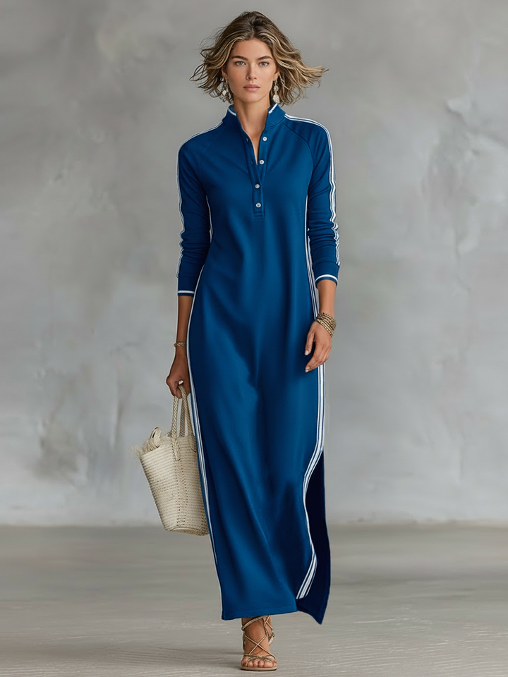 Vestido Maxi Estilo Sweatshirt com Gola Abotoada e Detalhes Brancos