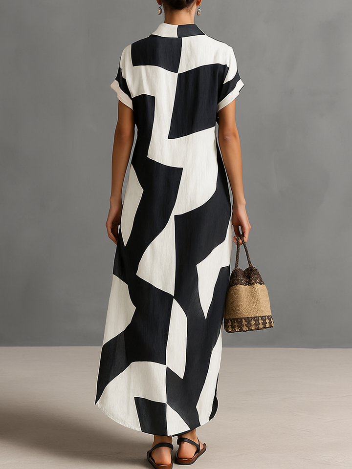 Vestido Maxi de Algodão e Linho com Estampado Geométrico e Lapela