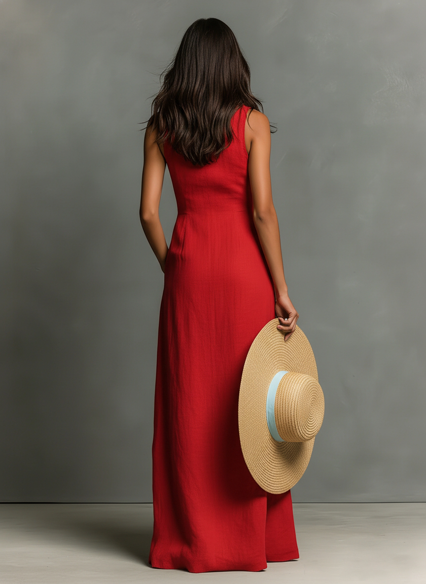 Vestido Maxi Estilo Camisa em Linho – Sem Mangas e Abotoado