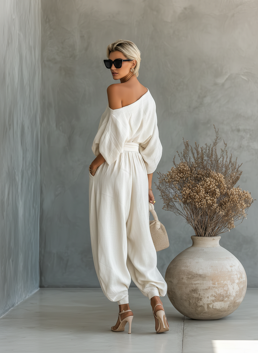 Conjunto em Linho Branco Cru – Top Ombros à Vista e Calças Cónicas
