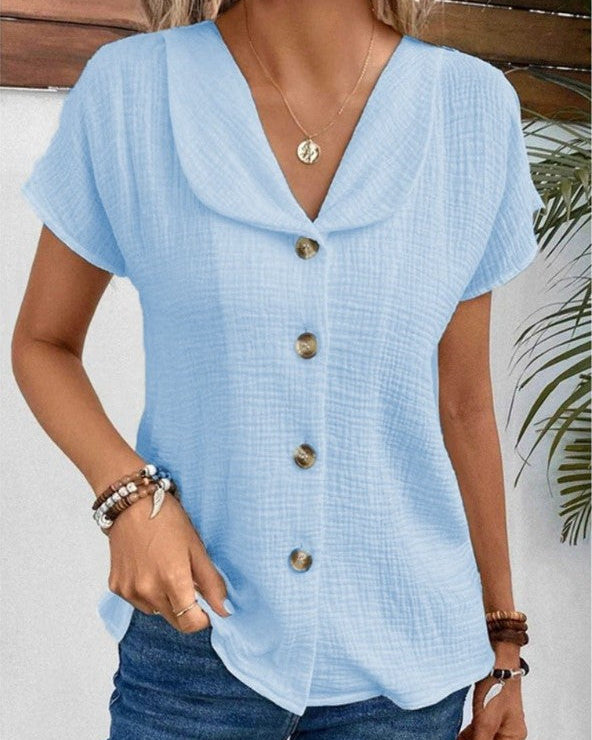 Blusa de Manga Curta com Botões e Colarinho