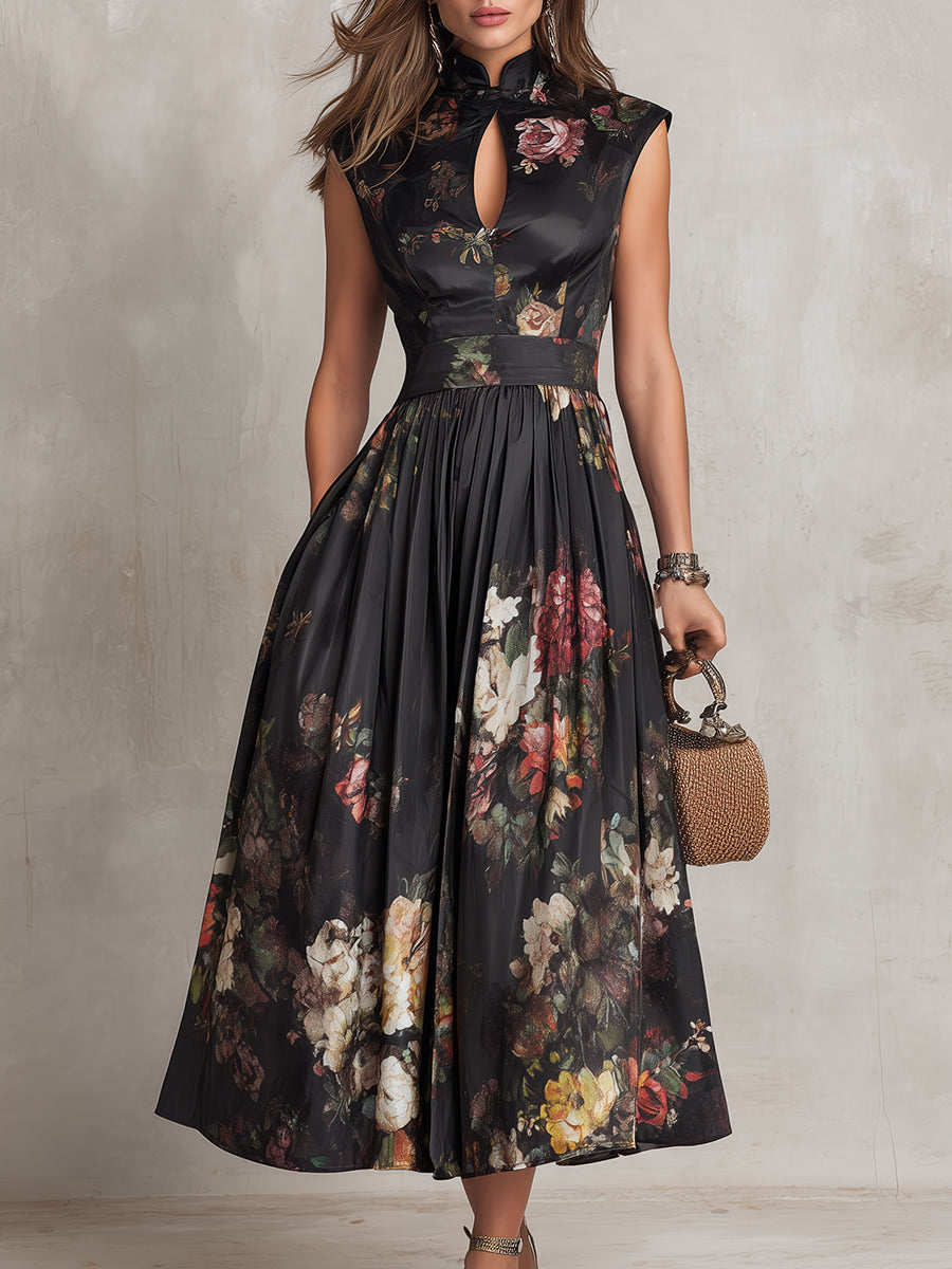 Vestido Midi Cetim | Plissado Floral