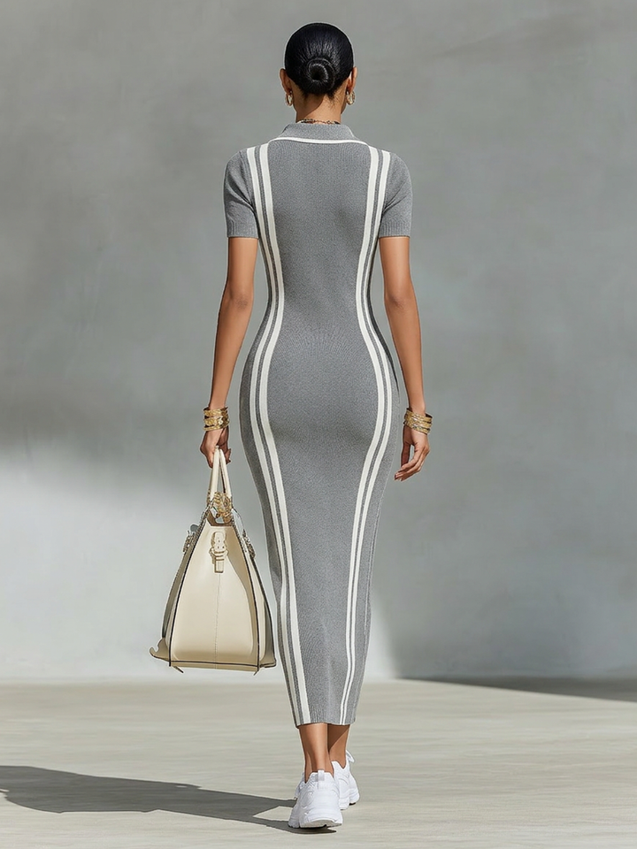 Vestido Maxi Canelado | Gola Polo Zip