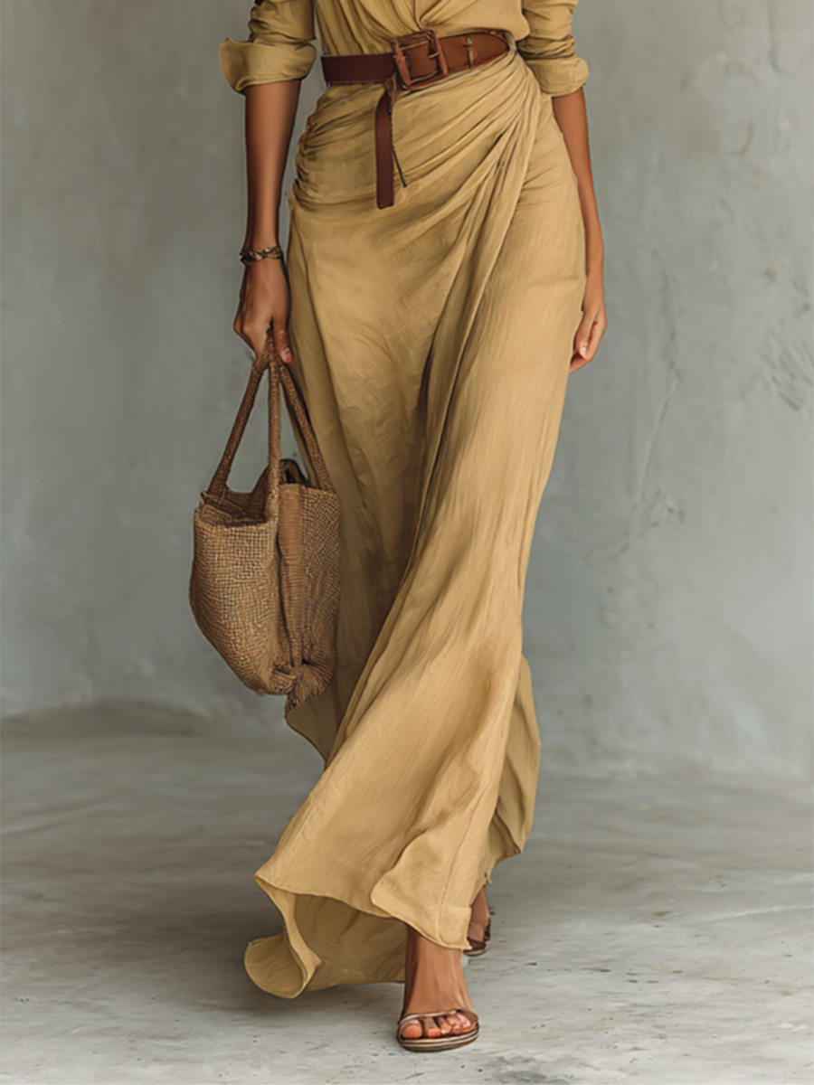 Vestido Maxi com Gola Lapela e Cinto – Mangas Compridas