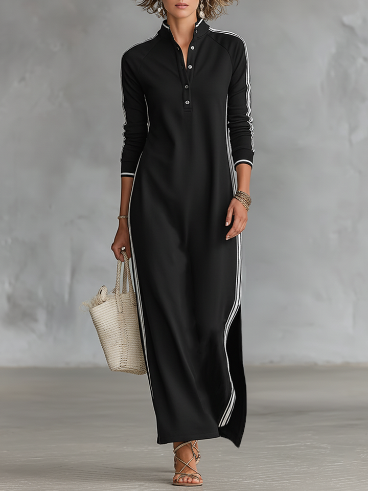 Vestido Maxi Estilo Sweatshirt com Gola Abotoada e Detalhes Brancos