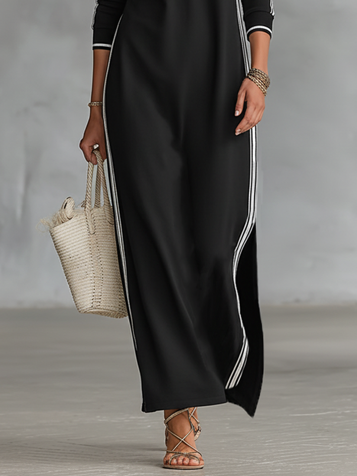 Vestido Maxi Estilo Sweatshirt com Gola Abotoada e Detalhes Brancos