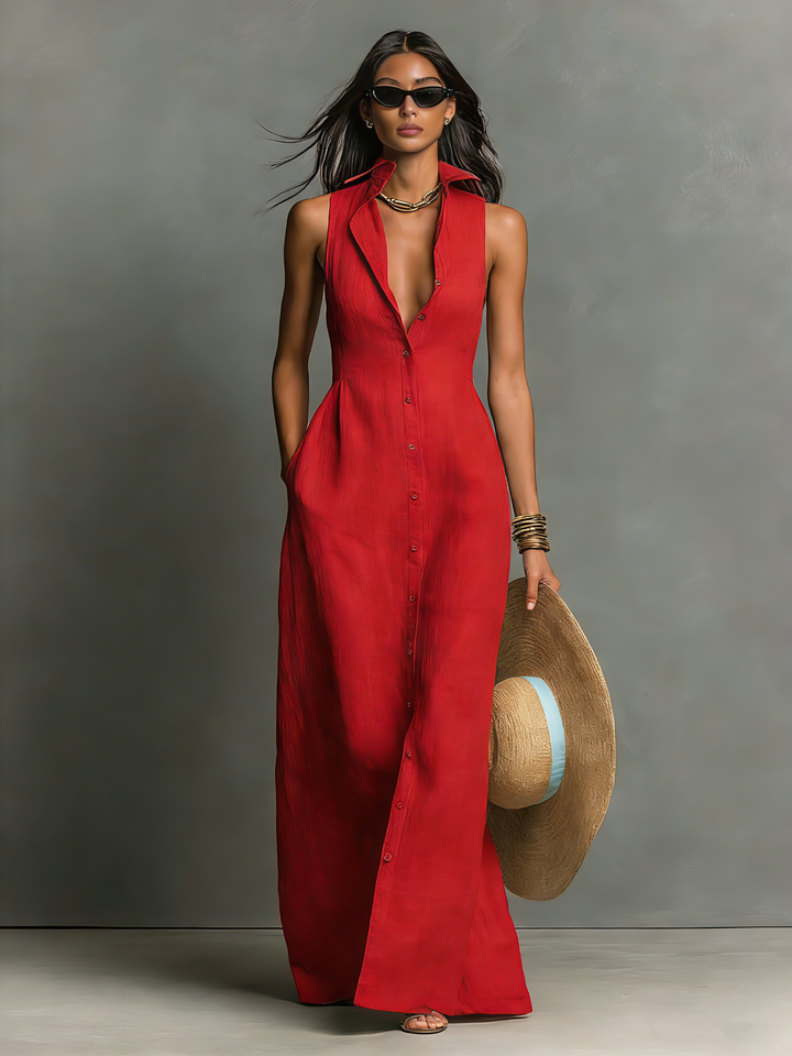 Vestido Maxi Estilo Camisa em Linho – Sem Mangas e Abotoado