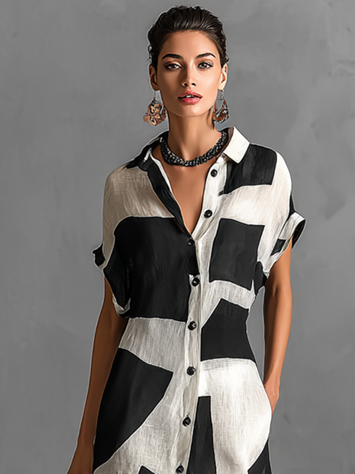 Vestido Maxi de Algodão e Linho com Estampado Geométrico e Lapela