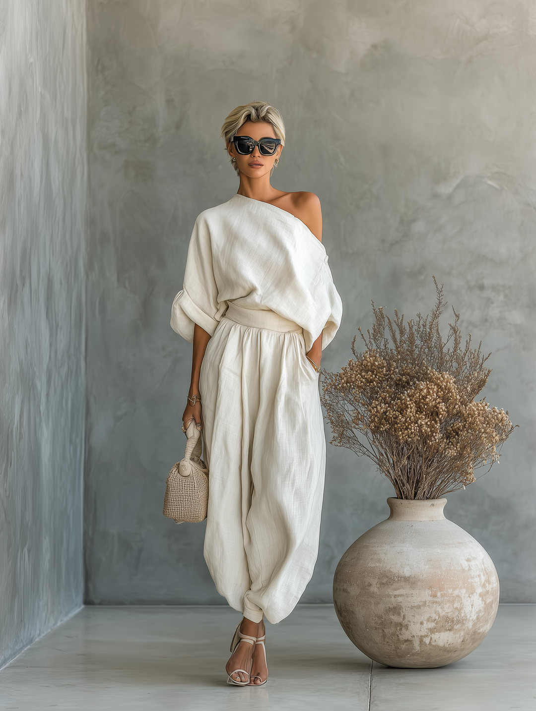 Conjunto em Linho Branco Cru – Top Ombros à Vista e Calças Cónicas