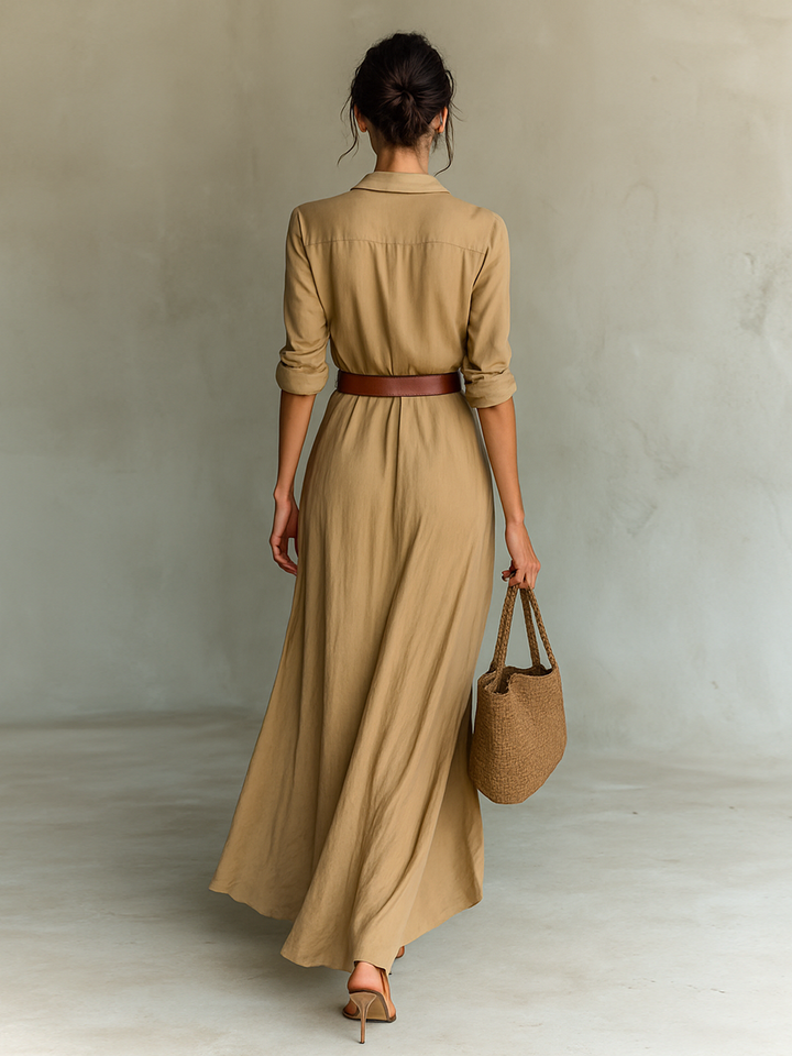 Vestido Maxi com Gola Lapela e Cinto – Mangas Compridas