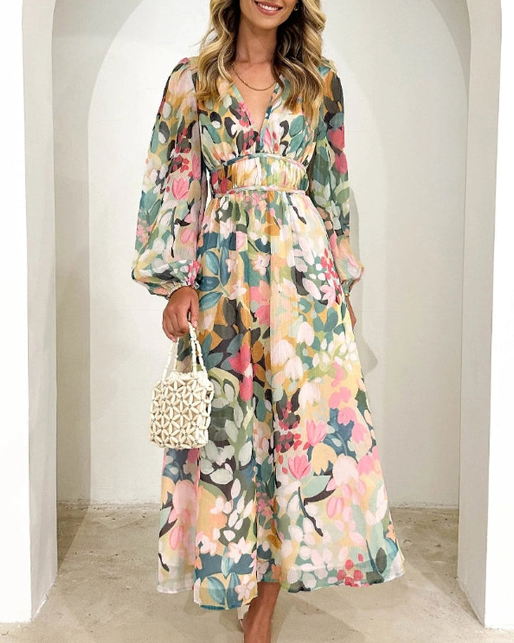Liria - Vestido Maxi Floral com Mangas Compridas e Decote em V