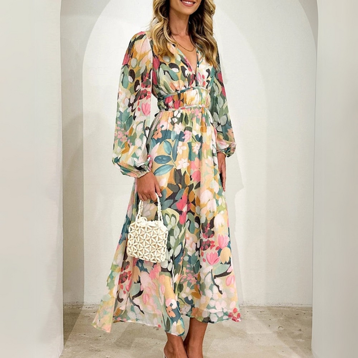 Liria - Vestido Maxi Floral com Mangas Compridas e Decote em V