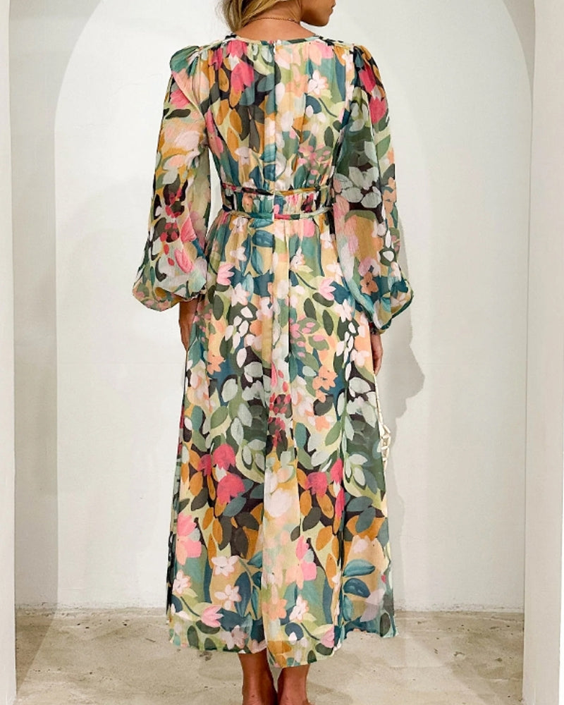 Liria - Vestido Maxi Floral com Mangas Compridas e Decote em V