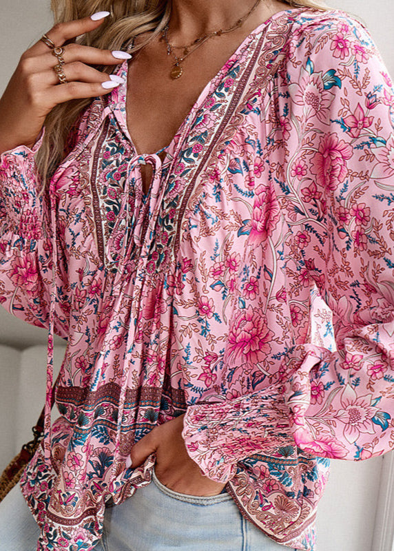 Blusa Floral de Manga Comprida com Laço no Decote
