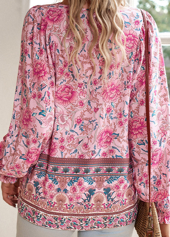 Blusa Floral de Manga Comprida com Laço no Decote