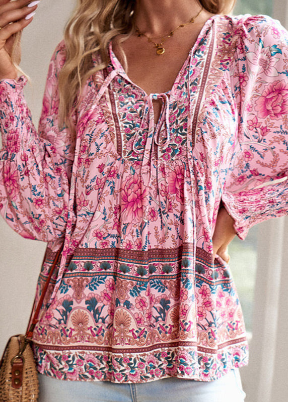 Blusa Floral de Manga Comprida com Laço no Decote