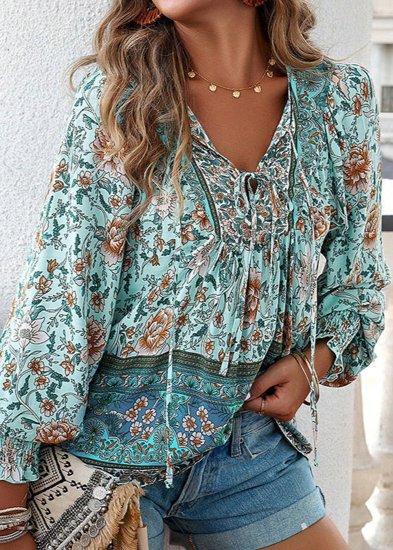 Blusa Floral de Manga Comprida com Laço no Decote