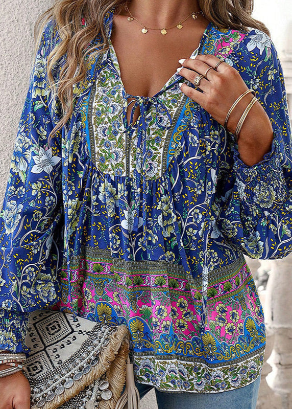 Blusa Floral de Manga Comprida com Laço no Decote