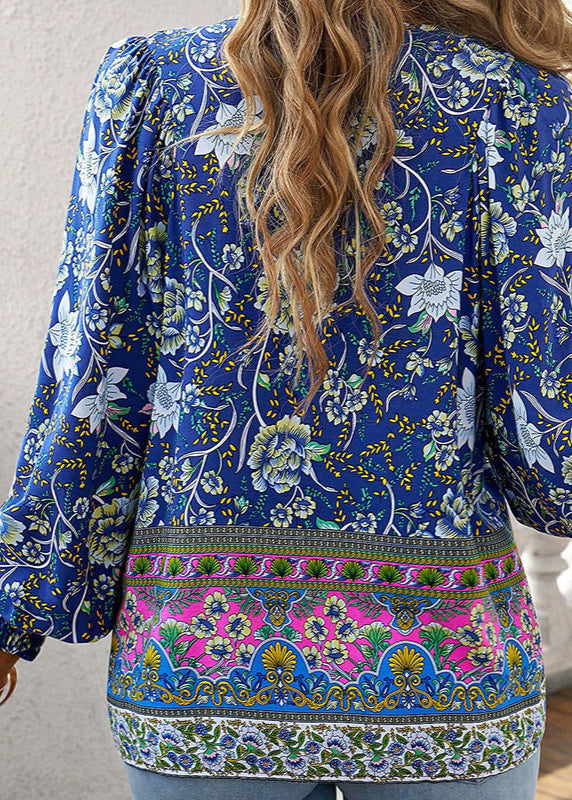 Blusa Floral de Manga Comprida com Laço no Decote