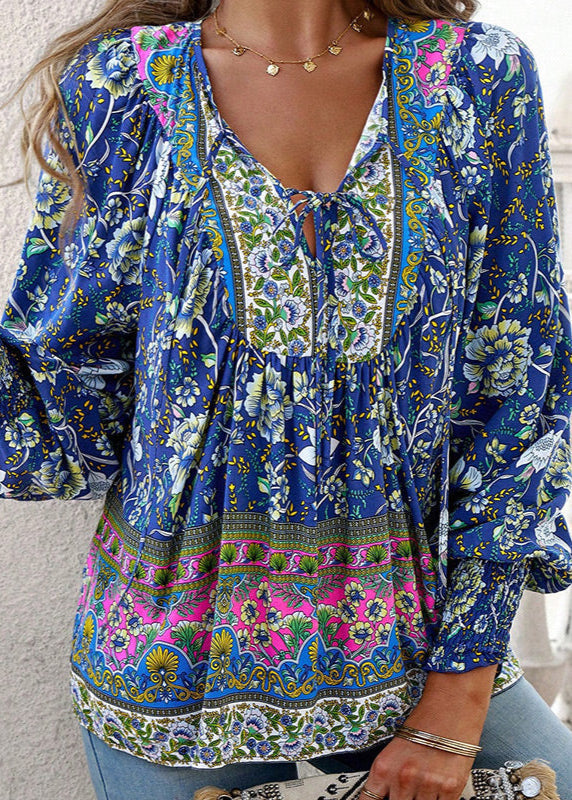 Blusa Floral de Manga Comprida com Laço no Decote