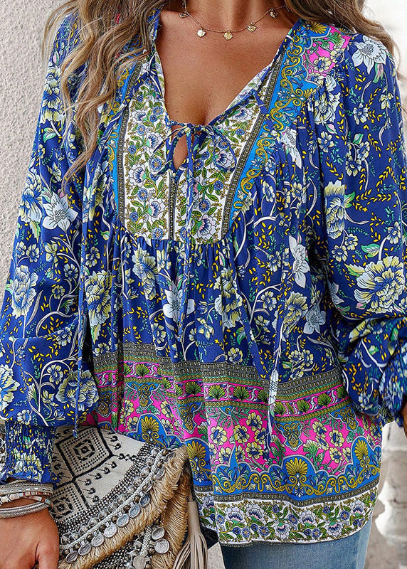 Blusa Floral de Manga Comprida com Laço no Decote